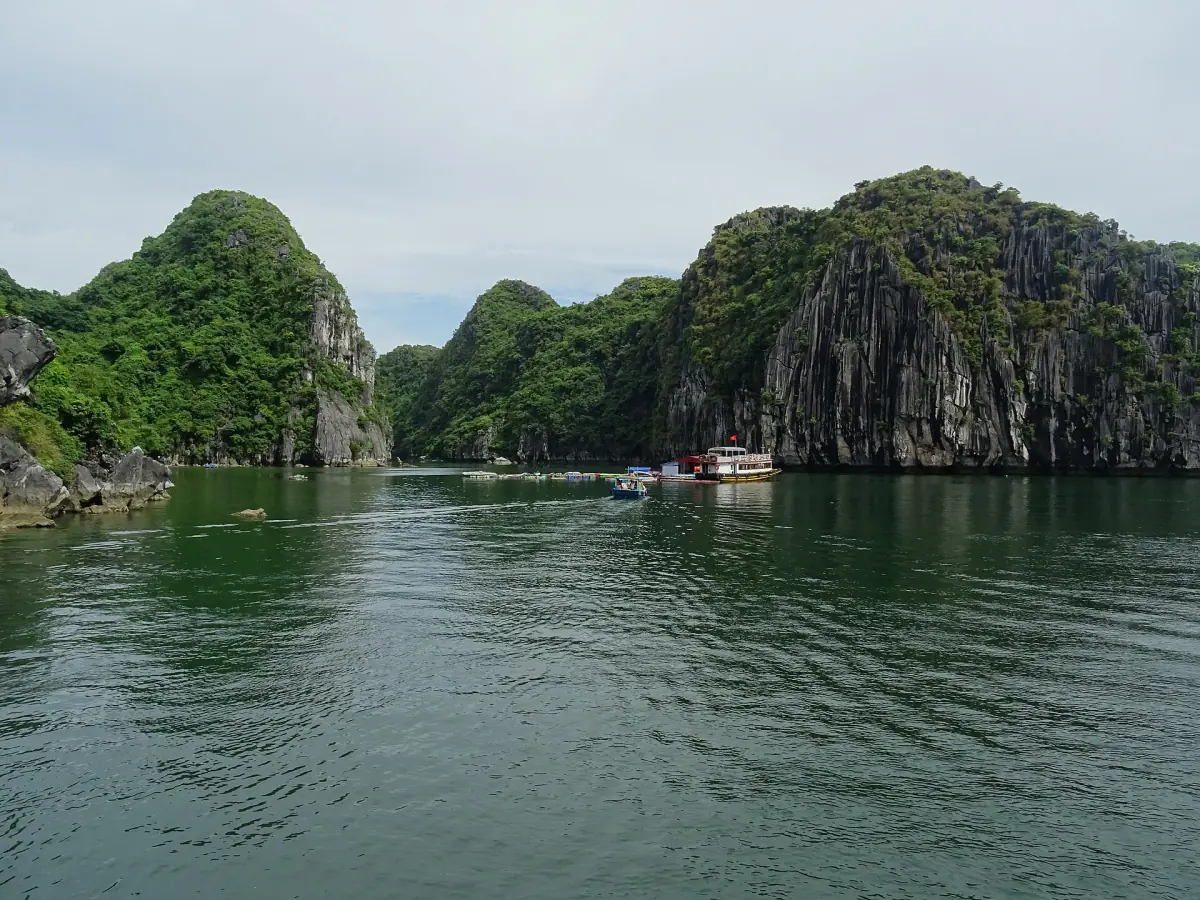 Boats in front of green karst cliffs in Lan Ha Bay