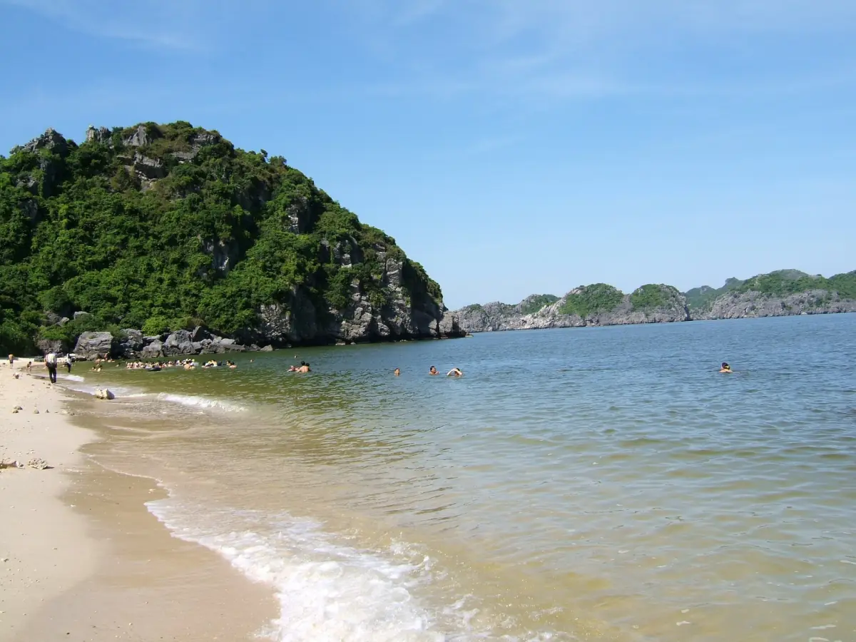 The beach at Monkey Island with swimmers